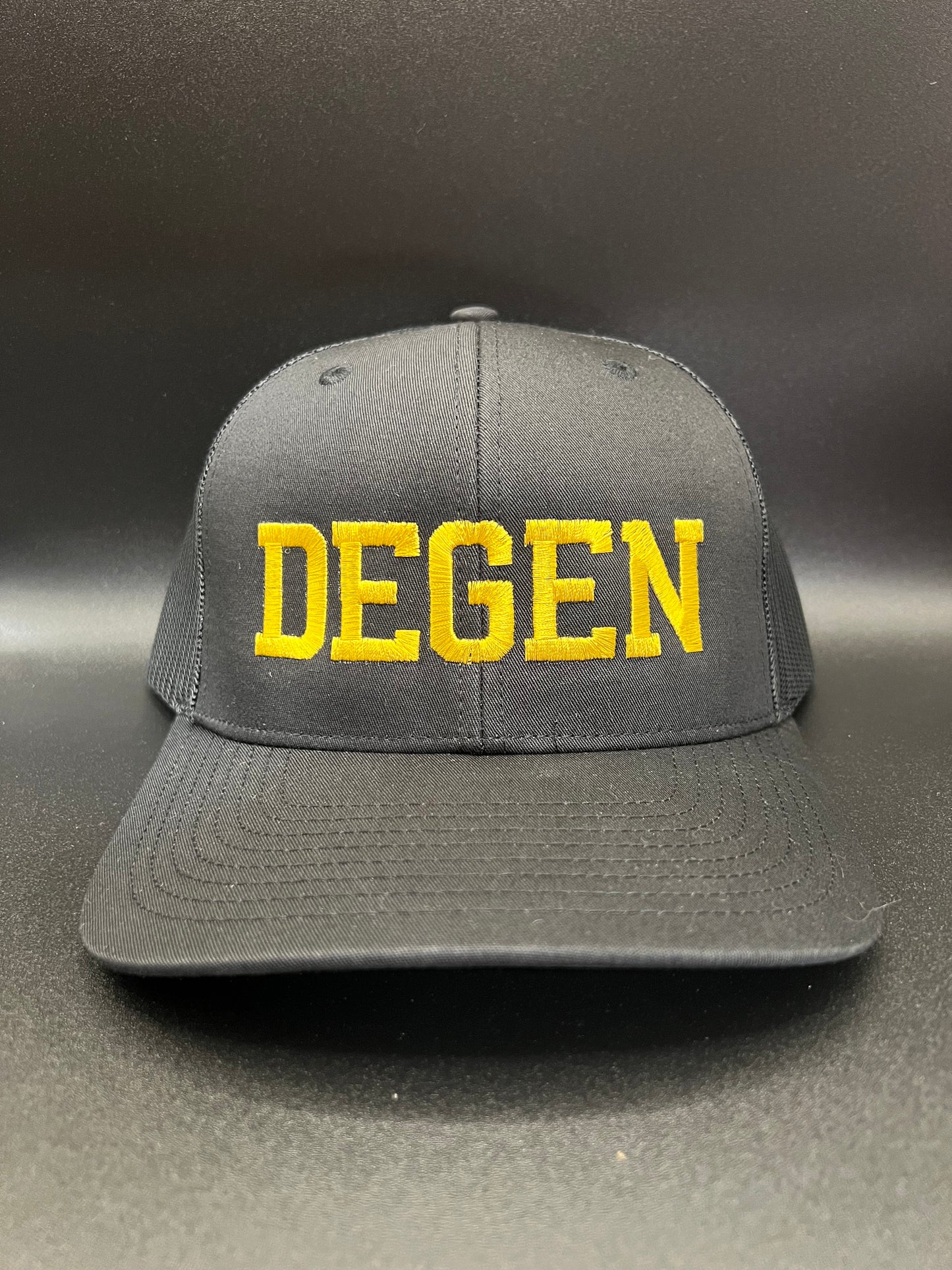 Degen Trucker Hat (Black w/Gold Text)